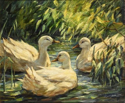 签名模糊：水中的三只鸭子 
 

 油画/画布。右下角签名模糊。20世纪。 
 

 50.5 x 