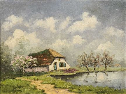 签名模糊：阳光下的茅草屋 
 

 油画/画布。右下角签名模糊。20世纪初。 
 

 30.5 x