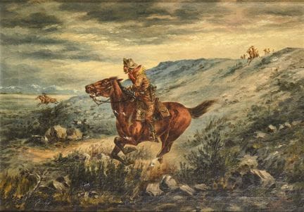 穆勒，H.  
 

 
狂野西部 
 

 油画/画布。右下角有签名。 (19)08. 
 

 