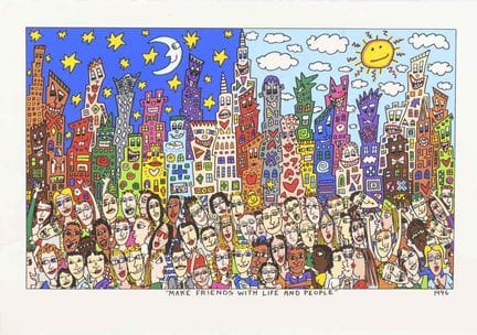 RIZZI，詹姆斯（1950）  

“与生活和人们交朋友” 

彩色石版画。美国。版面标有标题和日