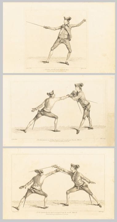 3 scènes d'escrime 
 

 Gravures sur cuivre. 
 

 