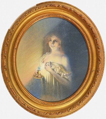 新艺术风格粉彩画：《烛光下的年轻女子》 
 

 粉彩画。未署名。20世纪初。 
 

 35 x 