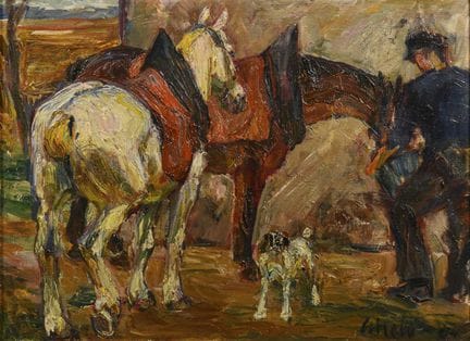 签名模糊：农夫与马  
 

 油画/画布。右下角签名模糊。20世纪初。  
 

 49 x 65