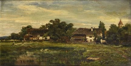 魏尔海姆附近的波林艺术家村
 

 油画/画布。右下角标有地名。(18)77。
 

 33.5 ×