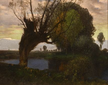 慕尼黑或达豪画派：带沼泽与头状柳树的风景画 
 

 油画/木板。未署名，背面有木板制造商“奥伯恩多