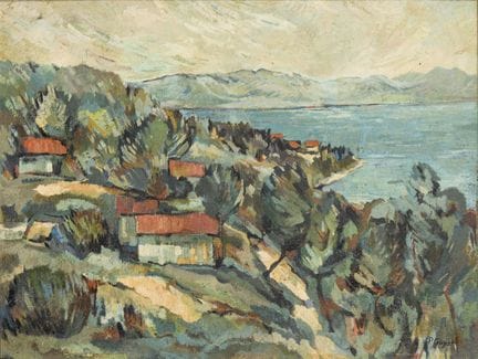 签名模糊：地中海海岸 
 

 油画/硬质纤维板。右下角签名模糊。20世纪 
 

 53 x 70