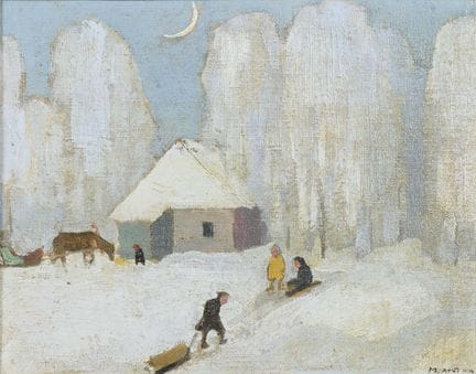 签名模糊：雪景与雪橇骑手 
 

 油画/画布/硬纸板。右下角签名模糊。20世纪。 
 

 31.