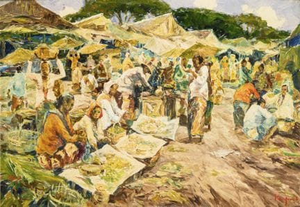 签名模糊：亚洲市场 
 

 油画/亚麻布。右下角签名模糊。20世纪。 
 

 61 x 87 厘