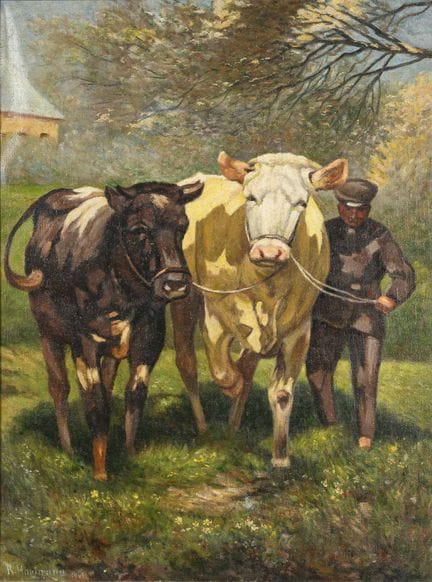 哈特曼，理查德（1868年海尔布隆——1931年威斯巴登）  
 

 
牧牛的农夫 
 

 油画