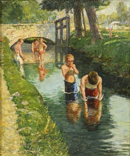 沐浴的孩子们 
 

 油画/画板。未署名。20世纪。 
 

 49.5 x 41.5 厘米。
装