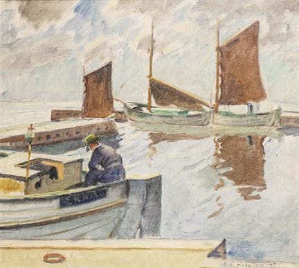 签名模糊：阳光下的渔船 
 

 油画/画布。右下角签名模糊。20世纪。 
 

 58 x 64.