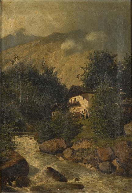 溪畔农舍的山地风景 
 

 油画/画布。未署名。19世纪末。 
 

 69 x 48 厘米。 
