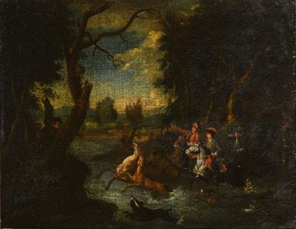 巴洛克风格的猎鹿场景 
 

 油画/画布/硬纸板。未署名。约1700年。 
 

 66 x 88