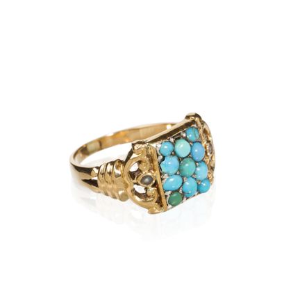Gelbgold-Ring im Barockstil mit Türkis-Pavé und Sa
