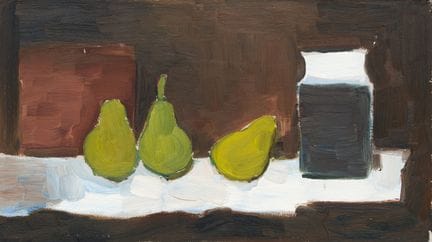 Herbert Naumann, Drei Birnen und Glas beieinander.