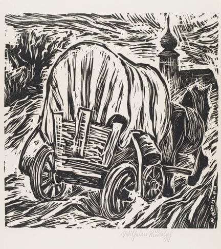Wilhelm Rudolph "Planwagen und Kirche". Vor 1924.
