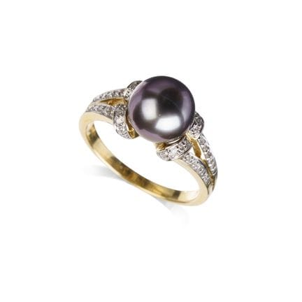 Gelbgold-Ring mit Südsee-Perle und Brillanten.
585
