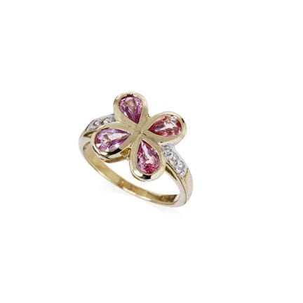 Kleeblattförmiger Ring mit rosa Saphiren.
375er Ge