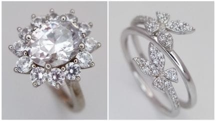 2枚DIAMONIQUE银质锆石戒指。包括一枚令人惊艳的鸡尾酒戒指和一枚双圈璀璨礼服戒指。附带原装戒