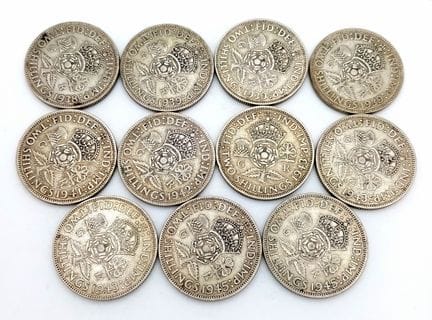 Elf britische Zwei-Shilling-Silbermünzen aus der Z