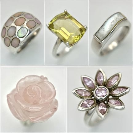 Fünf Ringe aus 925er Silber. Rosenschliff-Rosenqua