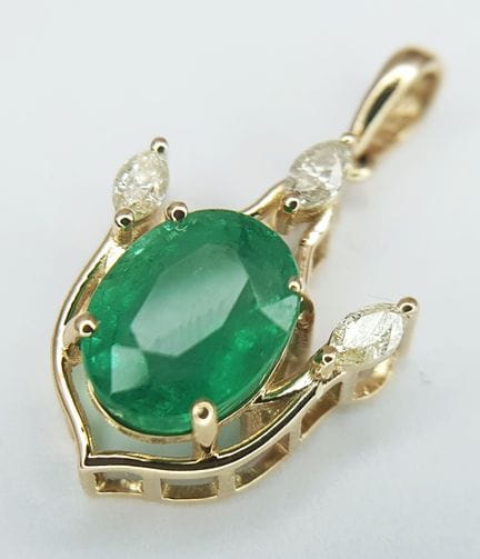 A 14K Yellow Gold Natural Emerald and Diamond Pend