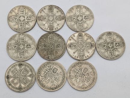 Ten Pre 1947 British Silver Florin Coins. 109.4g.
