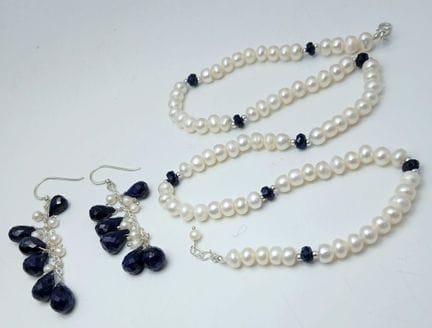 A 925 Sterling Silver Pearl and Blue Sapphire Jewe