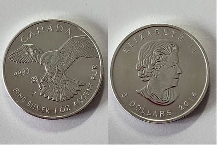 2014 CANADIAN  ‘PEREGRINE FALCON’  SILVER  5 DOLLA