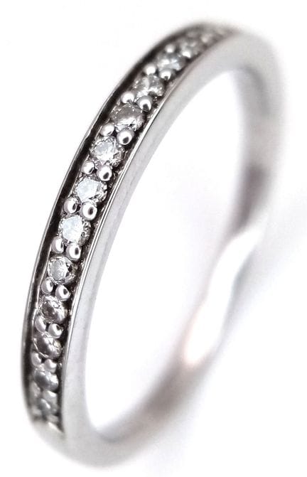 A 9K WHITE GOLD, DIAMOND SET, HALF ETERNITY RING. 