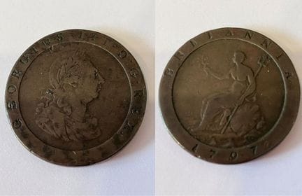 1797 CARTWHEEL PENNY coin. Very Fine Condition. Ni