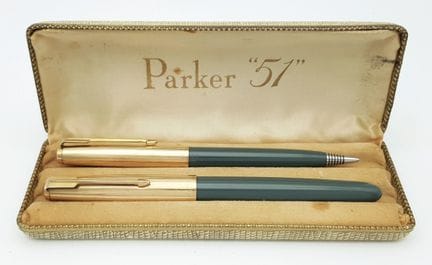A Vintage Set of Parker 51 Blue Fountain Pen and P