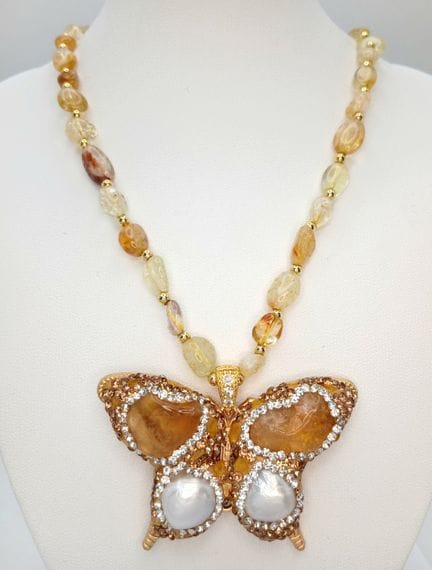 A Beautiful Yellow Agate Beaded Butterfly Pendant 