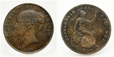 Una moneda victoriana de 1 penique de 1854 (4 sobr