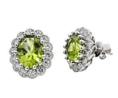 A Pair of 9K White Gold, Peridot and Diamond Stud 