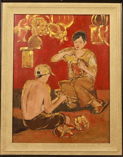 Do Xuan Doan 创作的 "中秋节"，80 x 60 厘米，木板漆画。右下角有签名 Đ X 