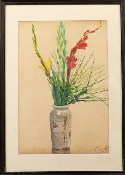Trinh Nha 创作的 "剑兰"，57 x 38 厘米，纸上水彩。右下角有签名。Trinh Nh