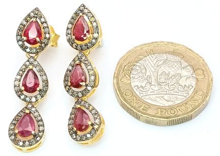 A Pair of Ruby Gemstone Dangler Earrings with Diam
