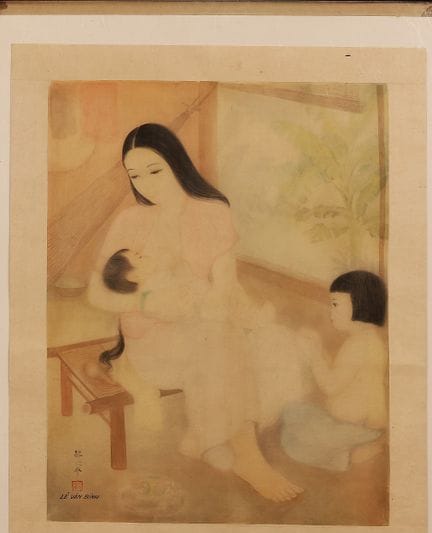 Le Van Binh 的作品 "家庭"，51 x 39 厘米，绢本水墨设色。保存完好。Le Van