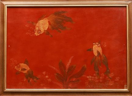 "Poisson rouge", 20e siècle. 35 x 50 cm. Laque. Si