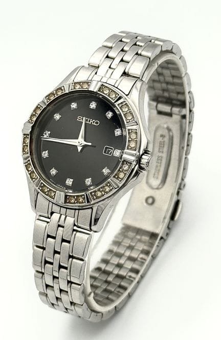 A SEIKO, STEEL, STONE SET, BRACELET WATCH. IN WORK