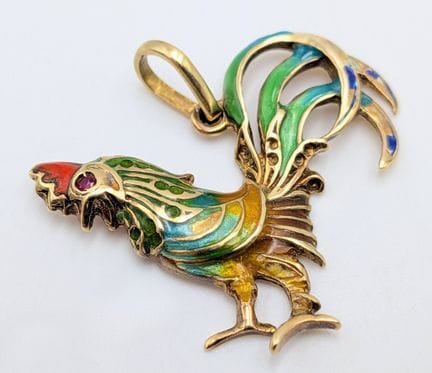 A 14K Gold and Enamel Cock Pendant. This colourful