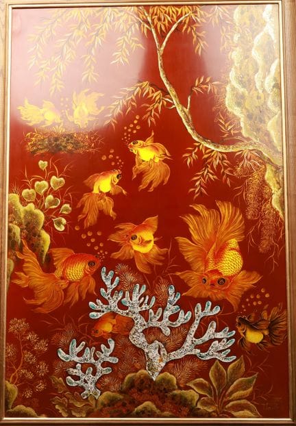 "Goldfish" by Thanh. 120 x 80 cm. Lacquer. Signed 