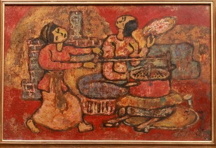 "两个女孩"，20 世纪。40 x 60 厘米。漆面。右下方有签名。艺术家不详。这件作品的作者是一位