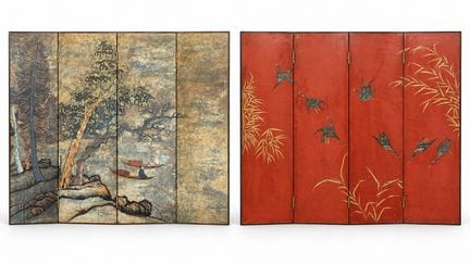阮文明作品《竹鸟》，158 × 200 厘米，双面漆屏风，两面构图各异。一面描绘竹林与飞鸟，另一面则