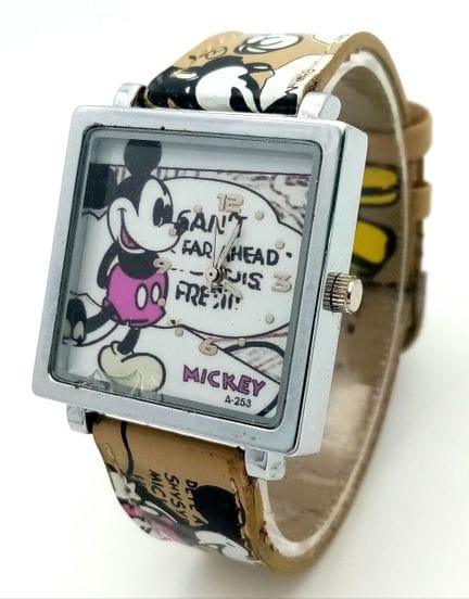 A DISNEY, MICKEY MOUSE, SQUARE FACED, STRAP WATCH.