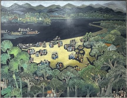 Nguyen Loi 创作的《节日》，110 x 140 厘米，雕漆。左下角有签名。阮来（1929-