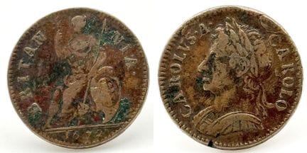 Una moneda de 1/4 de penique de Carlos II, de 1672