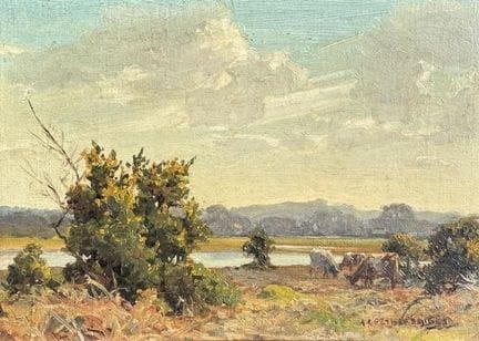 PAESAGGIO FLUVIALE, OLIOSU PANNELLO BRITANNICO DEI