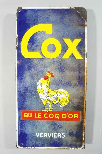 搪瓷牌
品牌：Cox Brie “金公鸡”
编号：T.P.BR. 164/3/49
搪瓷厂：ARTE